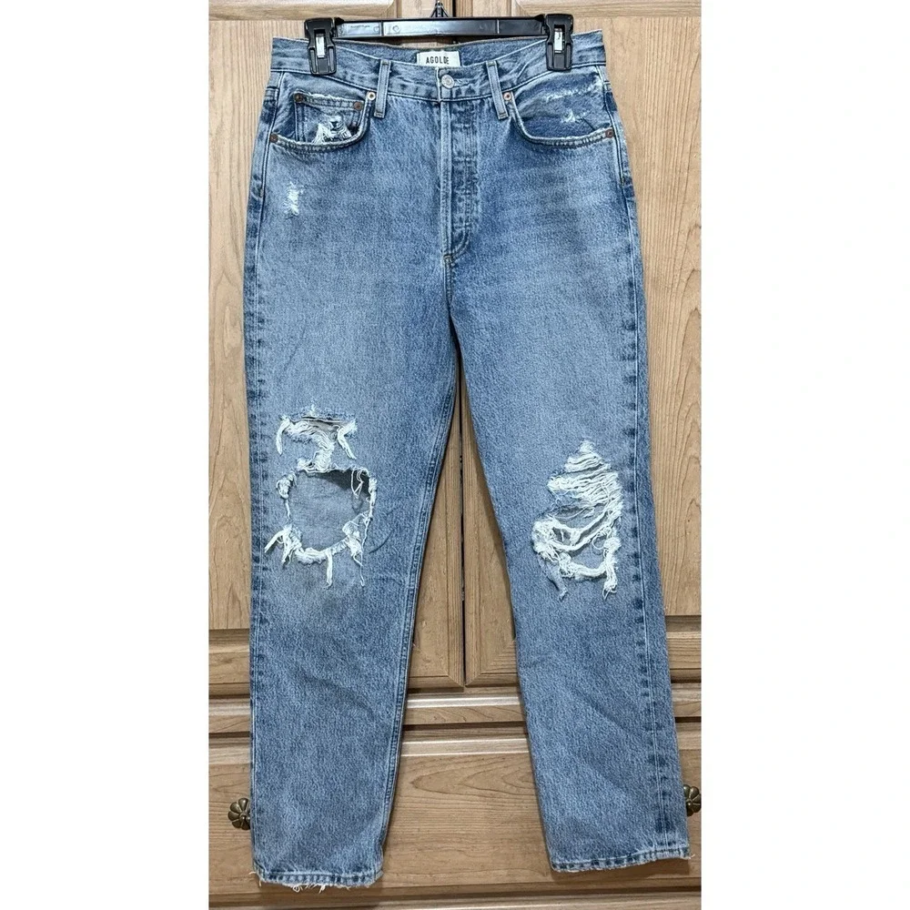 Agolde 90s Mid Rise Loose Fit Jeans Women's 27 Blue Denim Distressed Button Fly